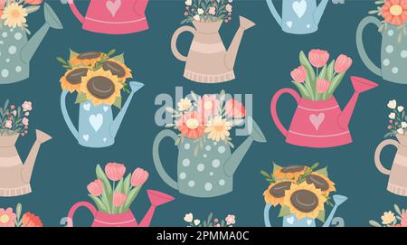 Vector gentle seamless pattern with garden watering cans and floral bouquets on dark blue background. Pastel flat hand drawn background. Summer t Stock Vector