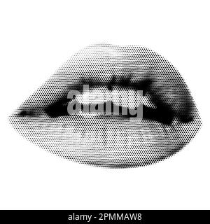 Halftone mouth. Collage design lips in trendy magazine style