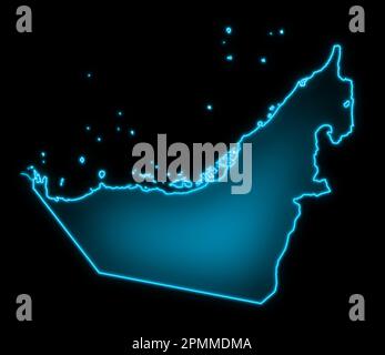 Map of United Arab Emirates, glowing blue outline on a black background Stock Photo