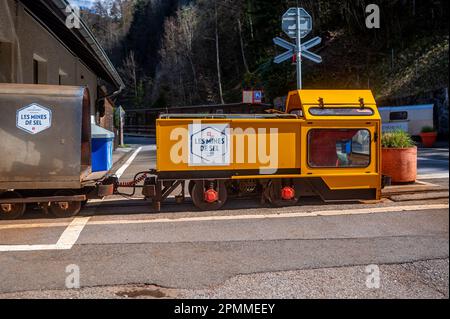 Bex, Vaud Canton, Switzerland - 8 April 2023: Tourists on a cave train on visiting the salt mines of Bex on Switzerland. Stock Photo