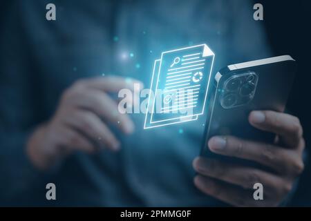 document paper icon showing on smartphone technology virtual screen Stock Photo