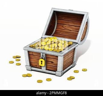 3D Treasure Chest With Many Golden Coins Inside It And Scattered Around It,  And A 3D Character Cheering. Isolated On White Background. Stock Photo,  Picture and Royalty Free Image. Image 49826861.