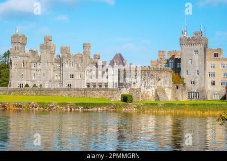 View of Lough Corrib coast with medieval Ashford Castle. Cong, County Mayo, Ireland Stock Photo