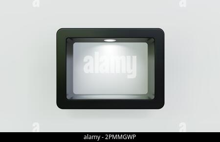 Empty black rounded rectangular shelf or niche on white wall with led spotlight 3D mockup. Shop, gallery plastic or wooden showcase to present product Stock Vector