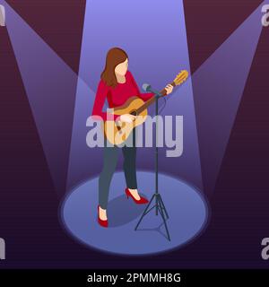 Isometric Woman Stands in Front of a Microphone, Plays the Guitar and Sings a Song. Classical Acoustic Six-String Guitar. Vocal artist Stock Vector