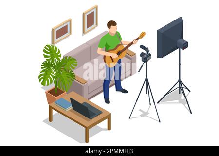 Isometric Man playing an guitar and records tutorial video how to play electric guitar, the camera on a tripod indoors, combo amp near. Vlogger, hobby Stock Vector