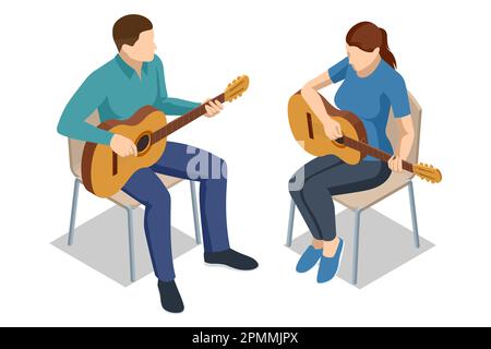 Isometric Vocal artists. Couple playing an acoustic guitar together. Male teacher explains to female student the basics of playing guitar. Stock Vector