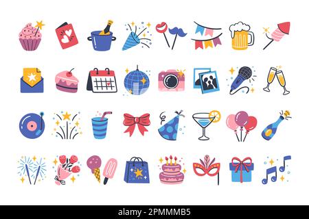 Party icon collection. Colorful cliparts isolated on white background. Cute hand-drawn vector icons. Birthday, parties and celebration events. Stock Vector