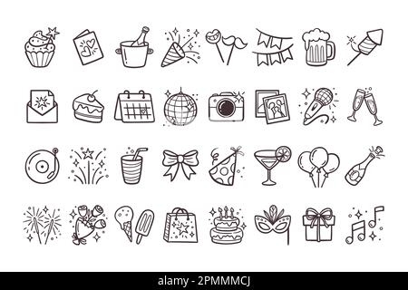 Party icon collection. Doodle cliparts isolated on white background. Cute hand-drawn vector icons. Birthday, parties and celebration events. Stock Vector