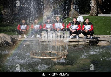 Antalya, Turkey. 14th Apr, 2023. The German men's gymnastics team sits behind a fountain of the team hotel. Credit: Marijan Murat/dpa/Alamy Live News Stock Photo