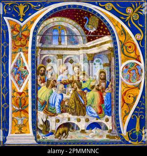 The Last Supper, historiated initial N, miniature illuminated manuscript painting, circa 1500 Stock Photo