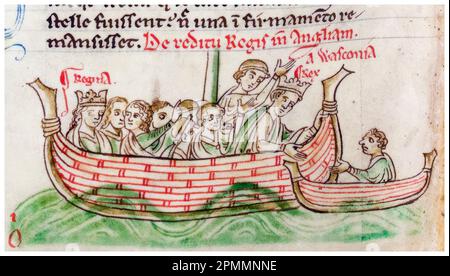 Henry III of England (1207-1272) and Eleanor of Provence (circa 1223-1291) returning from Poitou, France, in 1243, illuminated manuscript painting by Matthew Paris, before 1399 Stock Photo