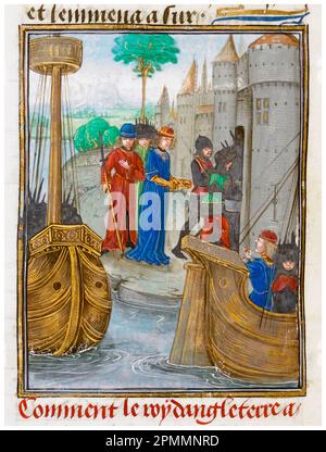 Richard the Lionheart, King Richard I of England (1157-1199), lands in Palermo, Sicily, illuminated manuscript painting by an assistant to the Master of the Flemish Boethius, 1479-1480 Stock Photo