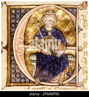 Edward II of England (1284-1327), also called Edward of Caernarfon, King of England (1307-1327), illuminated manuscript portrait painting, circa 1320 Stock Photo