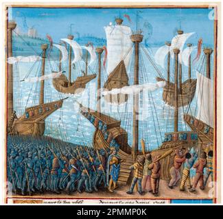 Crusades: King Philip II of France (1165-1223), with his army, departing for the Third Crusade, illuminated manuscript painting by Jean Colombe, circa 1474 Stock Photo