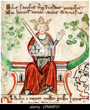 Richard the Lionheart, Richard I of England (1157-1199), King of England, (1189-1199), illuminated manuscript portrait painting by Peter of Langtoft, 1307-1327 Stock Photo