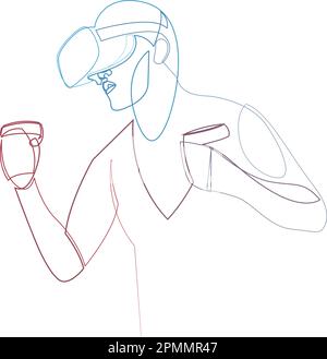 Continuous single line drawing of man in virtual reality headset and motion controller. One line art of figure wearing VR helmet playing virtual game. Stock Vector