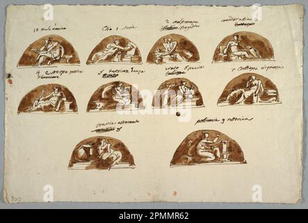 Drawing, Ten Lunettes with Muse and Mnemosine; Designed by Felice Giani (Italian, 1758–1823); Italy; pen and brown ink, brush and brown wash over traces of graphite on cream laid paper; 22.6 x 45 cm (8 7/8 x 17 11/16 in.) Stock Photo