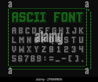 Vector ASCII (merican Standard Code for Information Interchange) style font alphabet, numbers and symbols Stock Vector