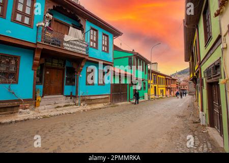 Street with traditional turkish ottoman houses in Afyonkarahisar old town. Stock Photo