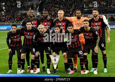 AC Milan players pose for a team photo during the Champions League football match between AC Milan and SSC Napoli at San Siro stadium in Milan (Italy) Stock Photo