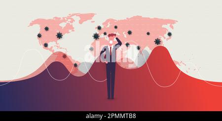 Global Economic Crisis, Downfall Because of the Corona Virus Pandemic - Waves of Infection, Danger, Financial Problems - Design Concept with World Map Stock Vector