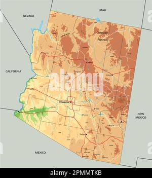 High Detailed Arizona Physical Map Stock Vector Image & Art - Alamy