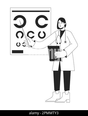 Female ophthalmologist with eye chart flat line black white vector character Stock Vector