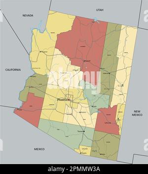 Arizona - Highly detailed editable political map with labeling. Stock Vector