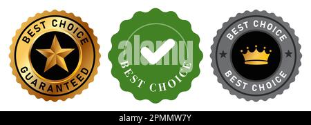 Best choice guaranteed sign text in grey gold and green stamp label symbol tag round shape with star crown and check mark Stock Vector