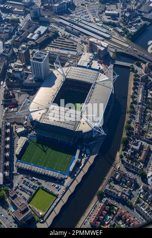 Aerial views of The Principality Stadium, home of Welsh Rugby. Previously know as the Millennium Stadium in Cardiff, South Wales Stock Photo