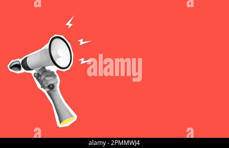 Collage of contemporary art. Creative design. Megaphone on red background with a call to action. Inspiration, idea, magazine style, surrealism. Place Stock Photo