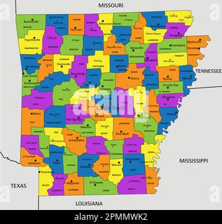 Colorful Arkansas political map with clearly labeled, separated layers. Vector illustration. Stock Vector
