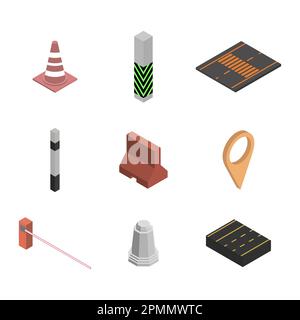 Set of different signs road repairs, isolated on white background. Under construction design elements. Flat 3D isometric style, vector illustration. Stock Vector