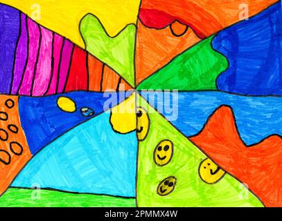 Abstract childish colorful background drawn with felt-tip pens. Children's drawing. Stock Photo