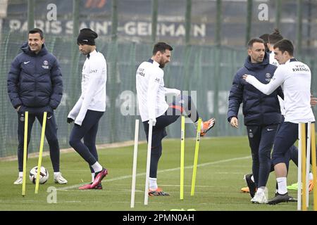 Saint Germain En Laye, France. 14th Apr, 2023. PSG's Lionel Messi during a training open to the press at the Camp des Loges in Saint Germain en Laye near Paris, France on April 14, 2023. The Paris Saint-Germain (PSG) football club will investigate their head coach Christophe Galtier for his alleged racist remarks against black and Muslim players at Nice. Photo by Eliot Blondet/ABACAPRESS.COM Credit: Abaca Press/Alamy Live News Stock Photo
