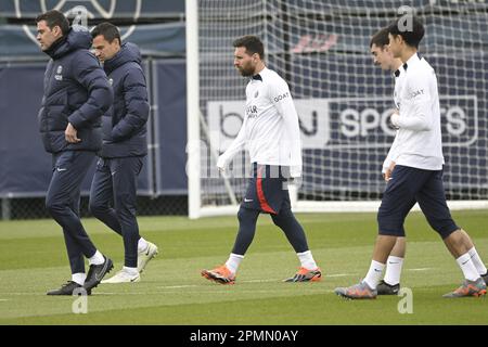 Saint Germain En Laye, France. 14th Apr, 2023. PSG's Lionel Messi during a training open to the press at the Camp des Loges in Saint Germain en Laye near Paris, France on April 14, 2023. The Paris Saint-Germain (PSG) football club will investigate their head coach Christophe Galtier for his alleged racist remarks against black and Muslim players at Nice. Photo by Eliot Blondet/ABACAPRESS.COM Credit: Abaca Press/Alamy Live News Stock Photo