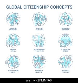 Global citizenship turquoise concept icons set Stock Vector