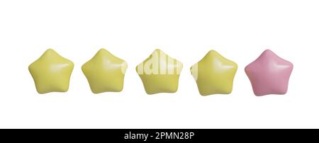 five  yellow stars. Customer rating feedback concept from client about employees of the website. Realistic 3d design. For mobile applications. Stock Photo