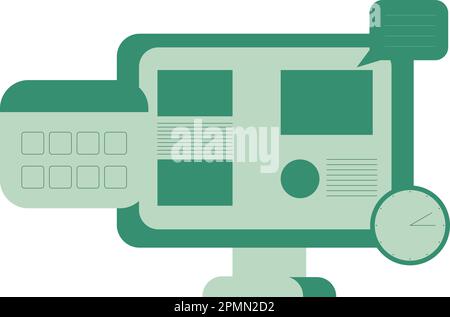 Green Screen and Monitor with Work Process Data. Calendar, Notes, Clock. Business Infographics. Vector Illustration in Cartoon Style Stock Vector