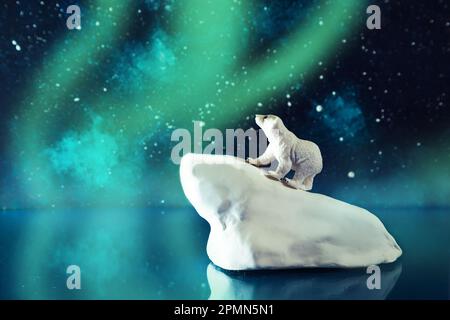 Polar bear on an ice floe in the cold northern sea. Starry arctic night. Northern lights. Stock Photo