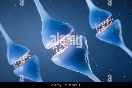 Synapse of neuron cell, biology concept, 3d rendering. Digital drawing. Stock Photo