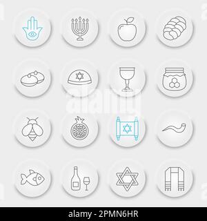 Rosh hashanah line icon set, hanukkah collection, vector sketches, neumorphic UI UX buttons, shana tova icons, rosh hashanah signs linear pictograms, editable stroke Stock Vector