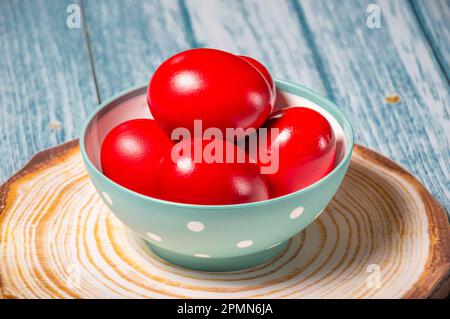 Traditional Greek Orthodox Red Dyed Easter Eggs Stock Photo
