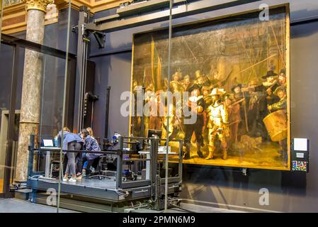 Amsterdam, the Netherlands - September 19, 2020. The restoration of Rembrandt's Night Watch at the Rijksmuseum in Amsterdam, the Netherlands. Stock Photo
