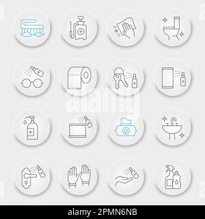 Disinfection line icon set, cleaning symbols collection, vector sketches, neumorphic UI UX buttons, hygiene icons, antibacterial cleaning signs linear pictograms, editable stroke Stock Vector