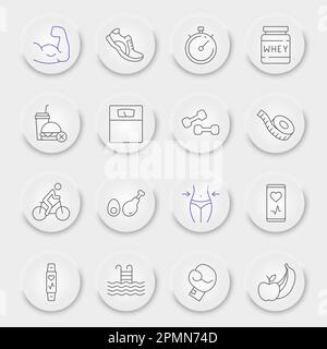 Fitness line icon set, sport symbols collection, vector sketches, neumorphic UI UX buttons, gym icons, fitness signs linear pictograms, editable stroke Stock Vector