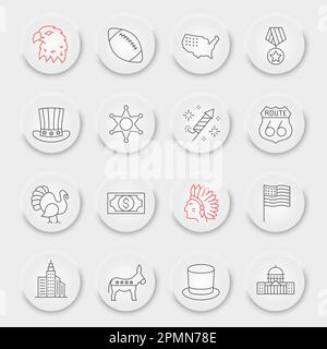 Independence day line icon set, usa symbols collection, vector sketches, neumorphic UI UX buttons, america pride icons, holiday signs linear pictograms, editable stroke Stock Vector