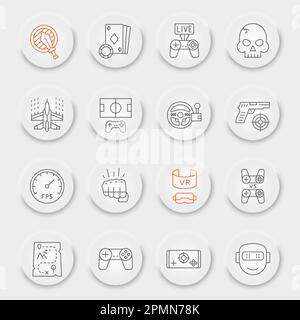 Video games line icon set, gaming symbols collection, vector sketches, neumorphic UI UX buttons, video gaming icons, play signs linear pictograms, editable stroke Stock Vector