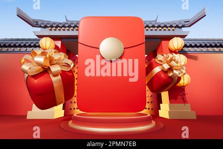 Red package with Chinese ancient building background, 3d rendering. Digital drawing. Stock Photo